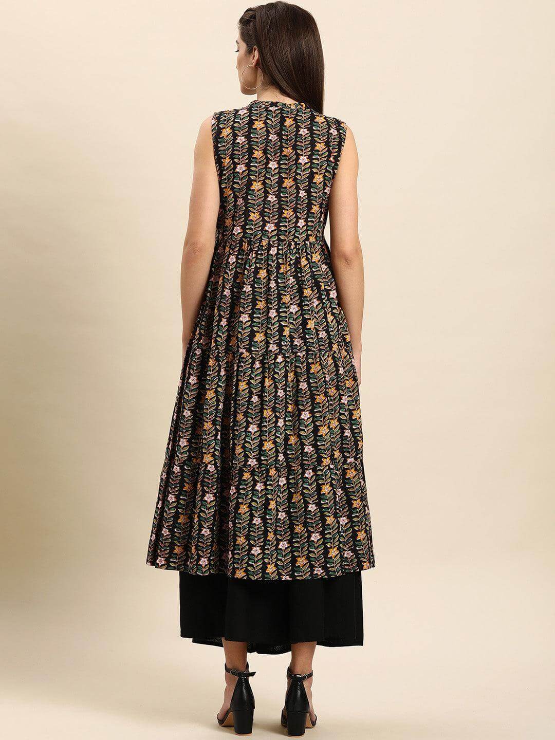 Black Cotton Floral Print Flared Kurta