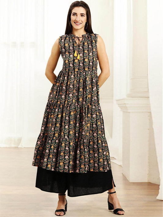Black Cotton Floral Print Flared Kurta