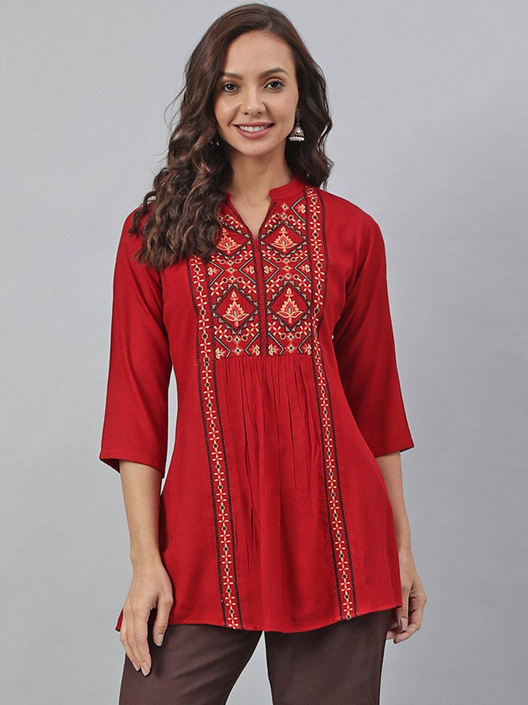 Maroon Rayon Slub Embroidered A-Line Tunic