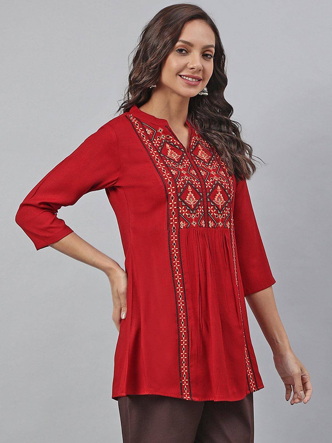 Maroon Rayon Slub Embroidered A-Line Tunic