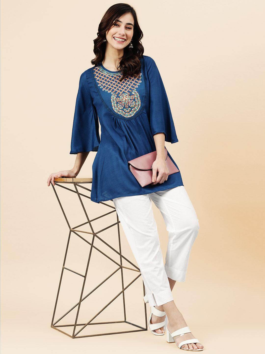 Blue Rayon Slub Embroidered Regular Tunic