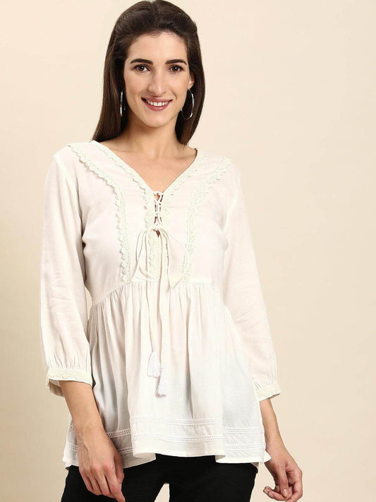 White Rayon Solid Flared Top