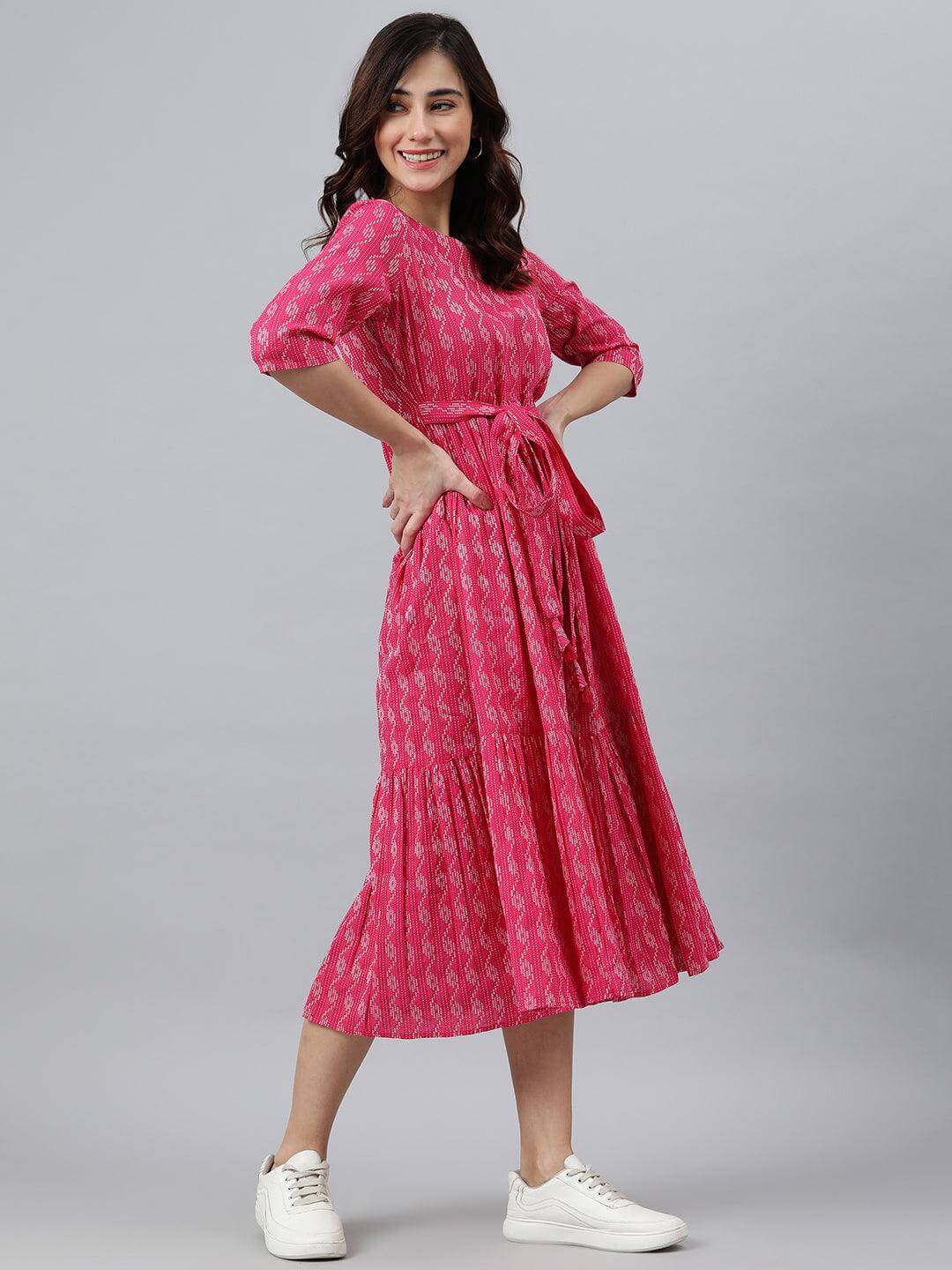 Pink Cotton Woven Design Tiered Western Dress