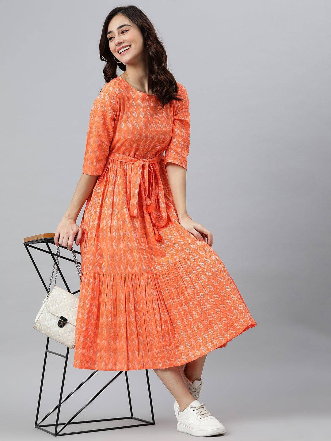 Orange Cotton Woven Design Tiered Western Dress