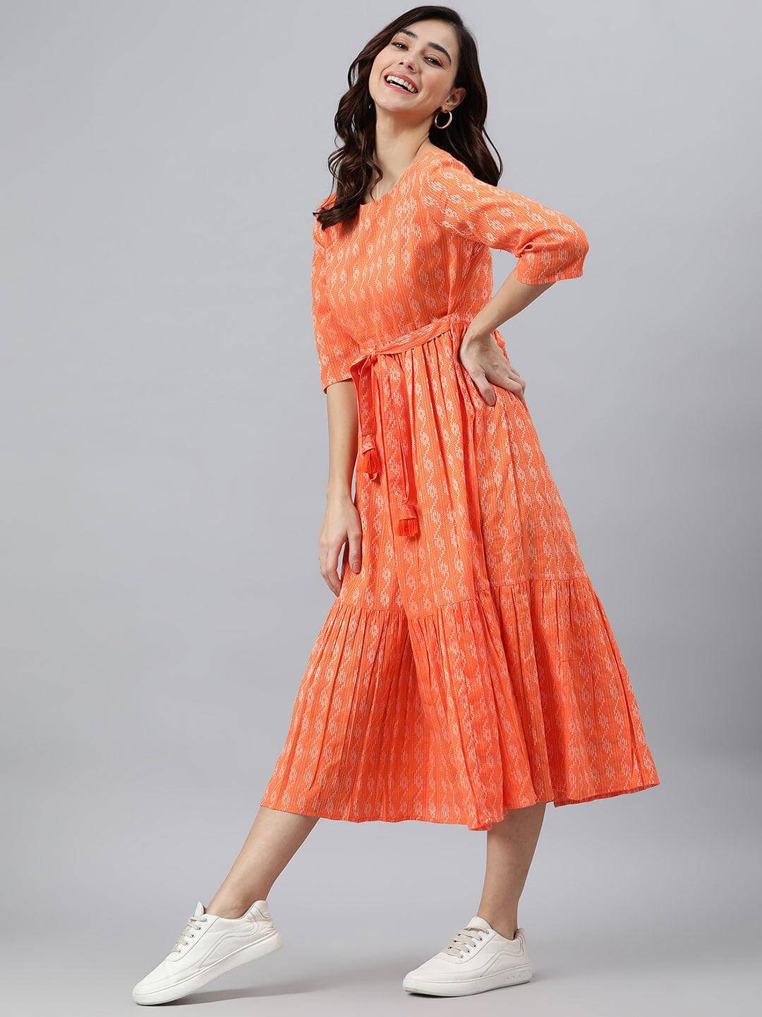 Orange Cotton Woven Design Tiered Western Dress