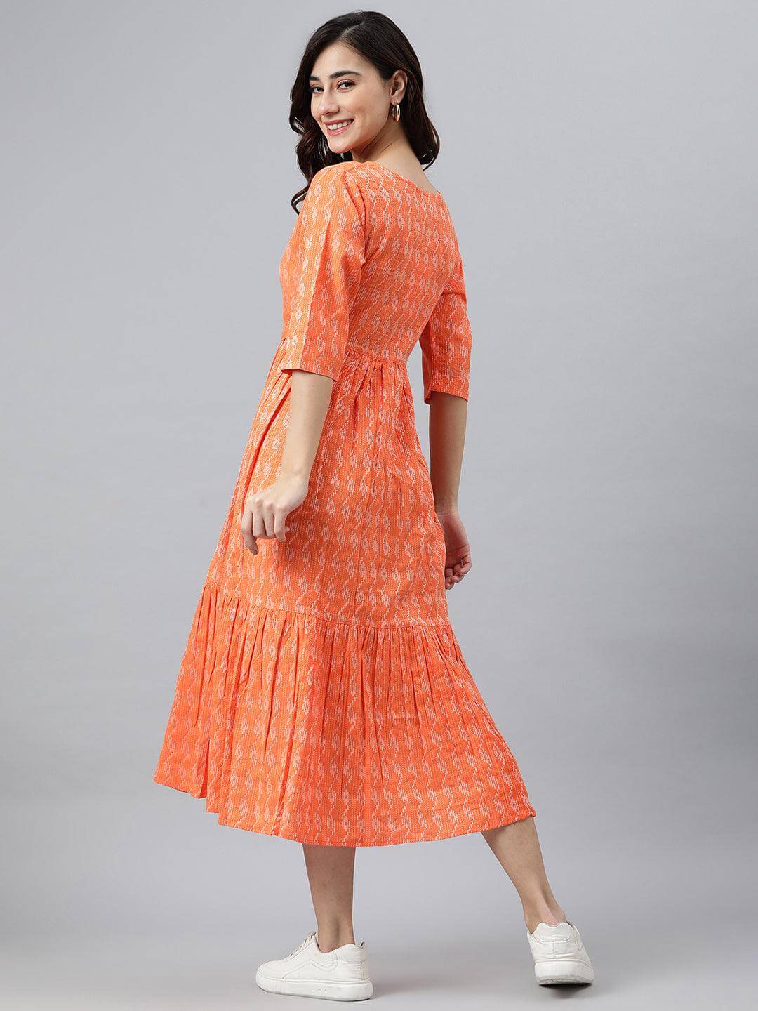 Orange Cotton Woven Design Tiered Western Dress