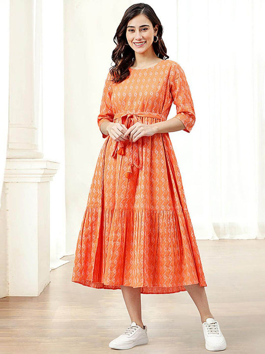 Orange Cotton Woven Design Tiered Western Dress