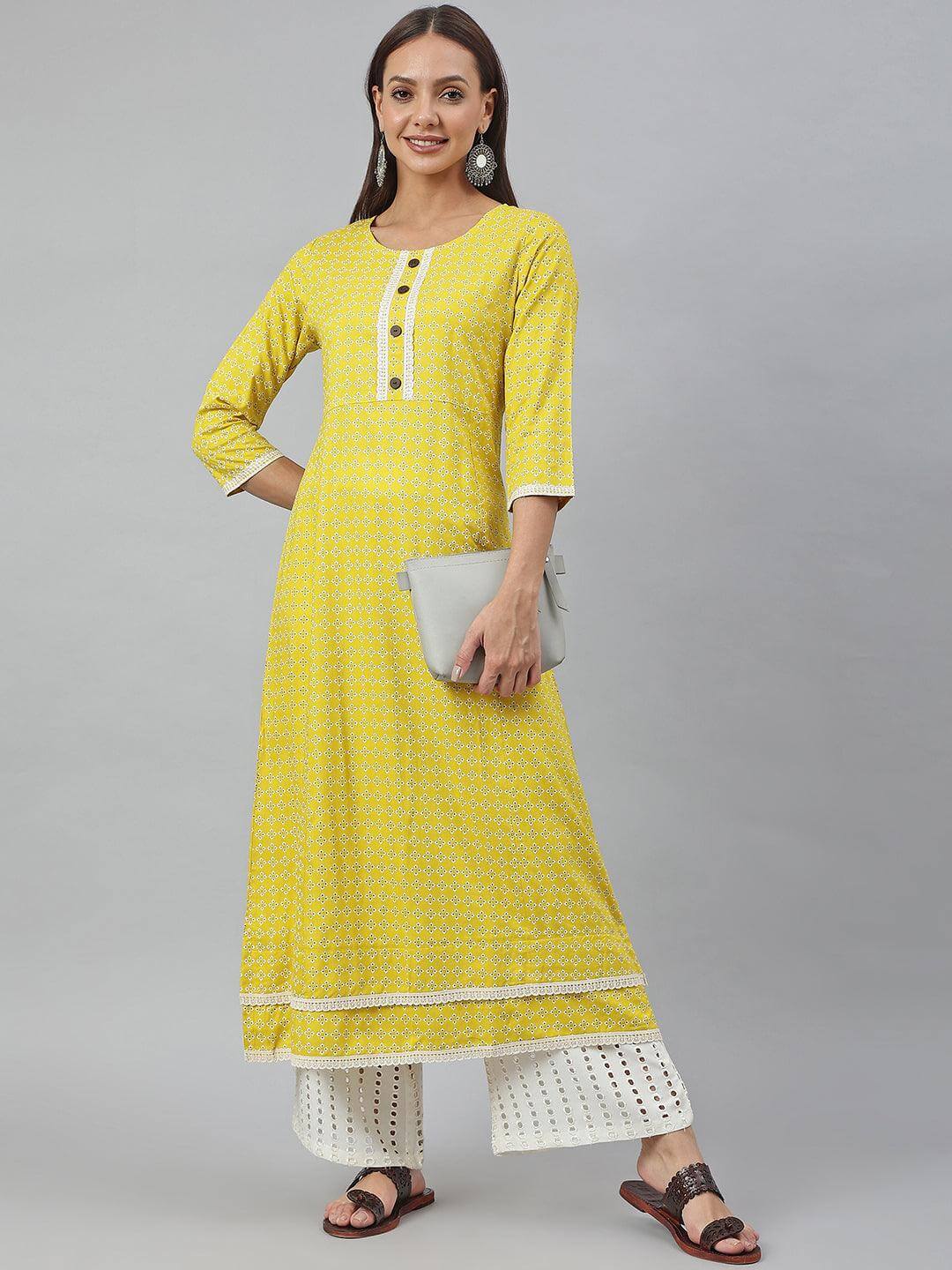 Yellow Rayon Botanical Print A-line Kurta