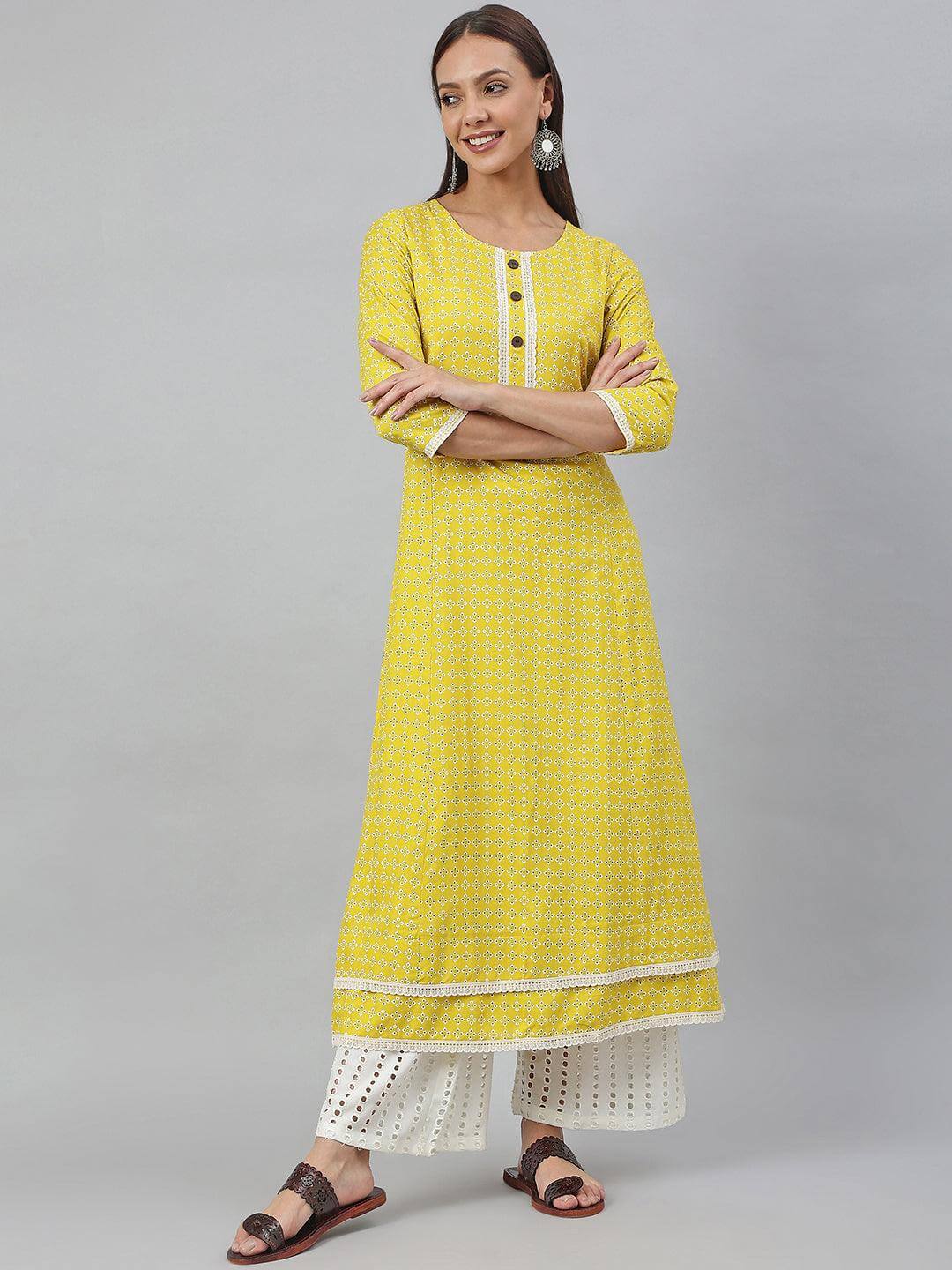 Yellow Rayon Botanical Print A-line Kurta