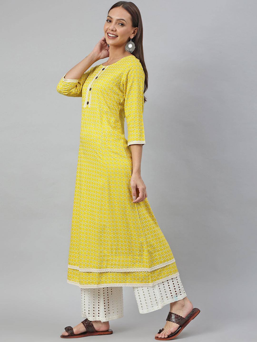 Yellow Rayon Botanical Print A-line Kurta