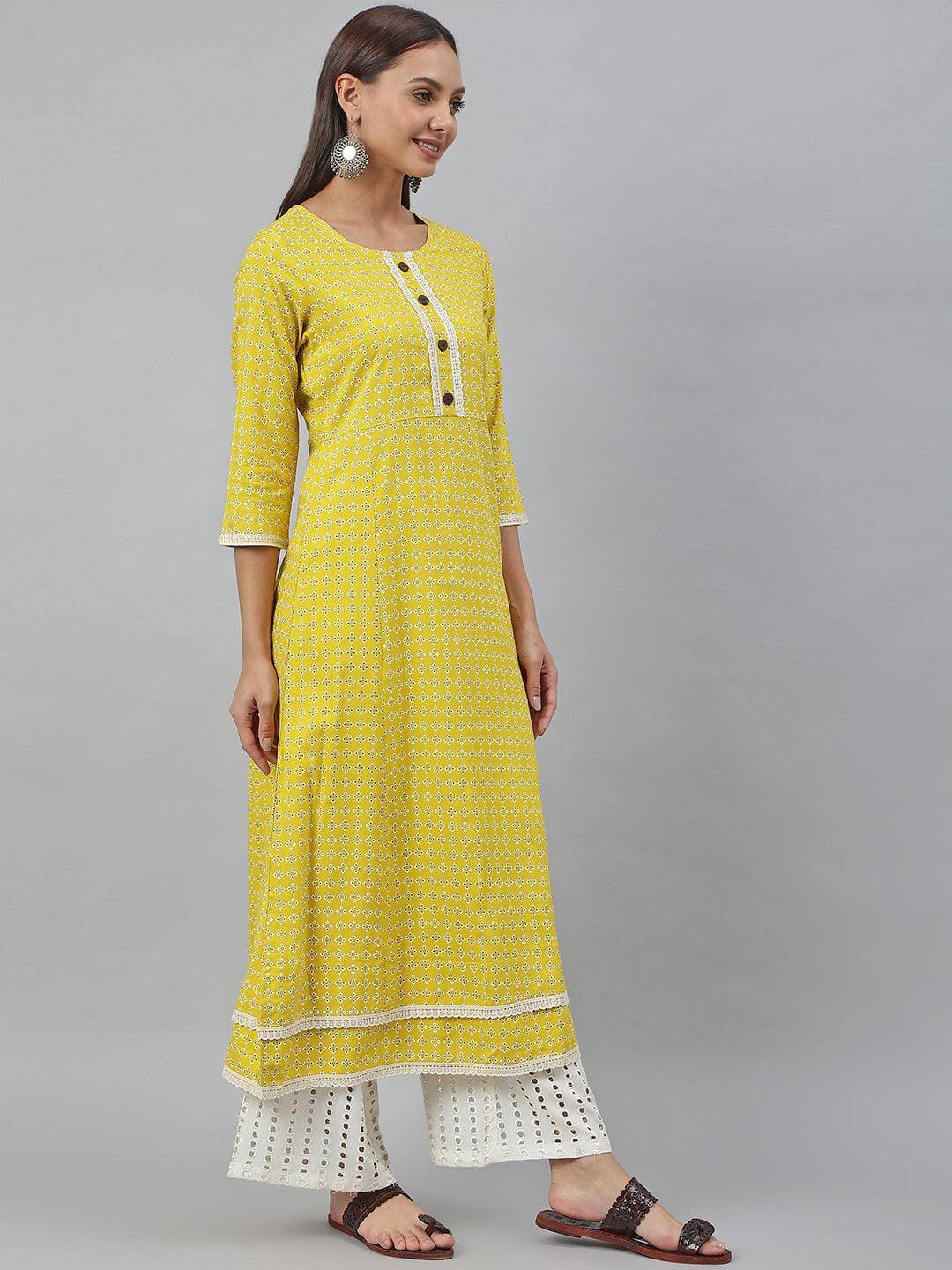 Yellow Rayon Botanical Print A-line Kurta