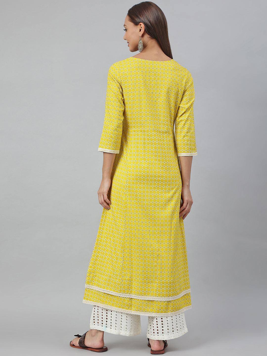 Yellow Rayon Botanical Print A-line Kurta