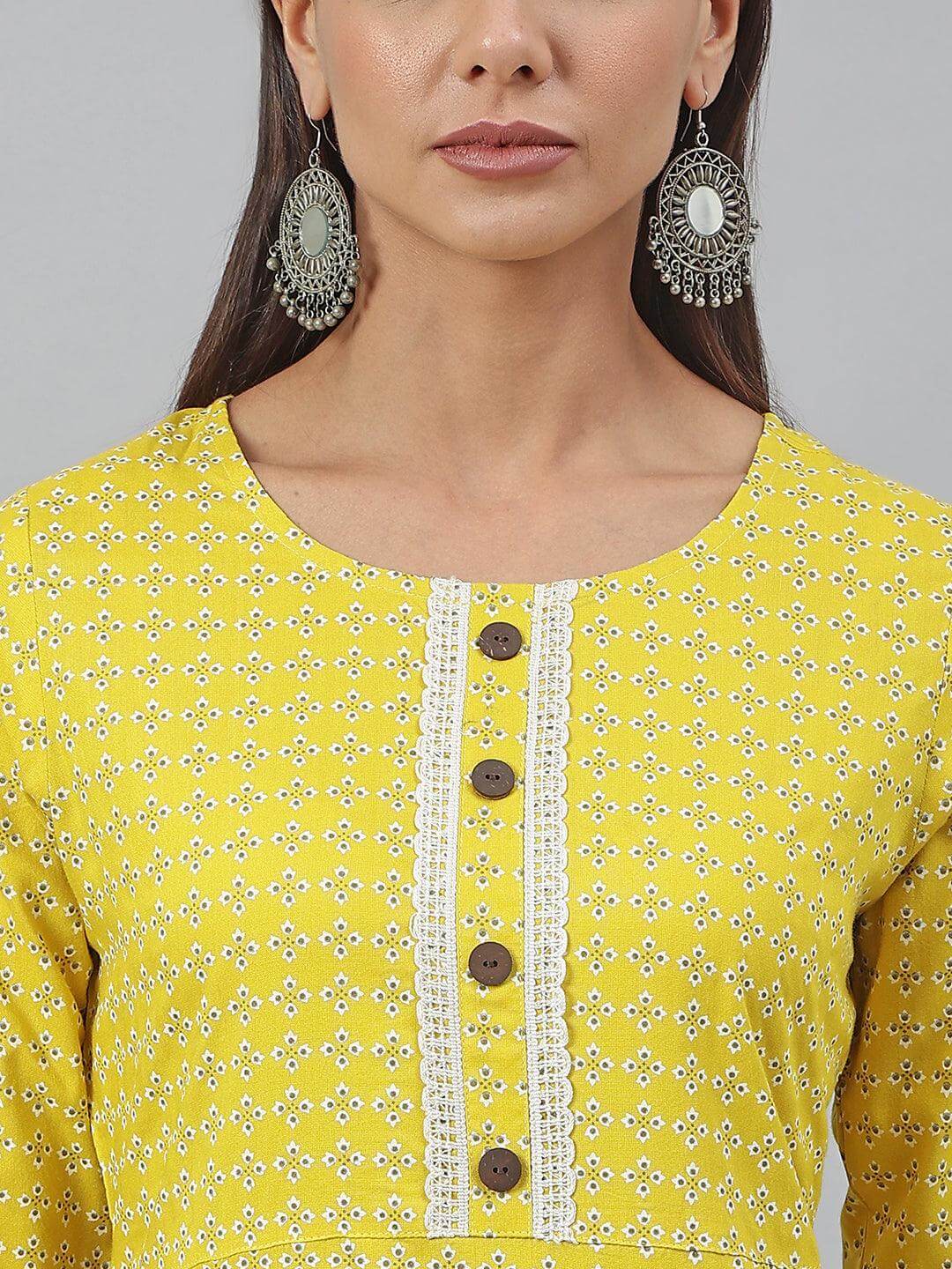 Yellow Rayon Botanical Print A-line Kurta