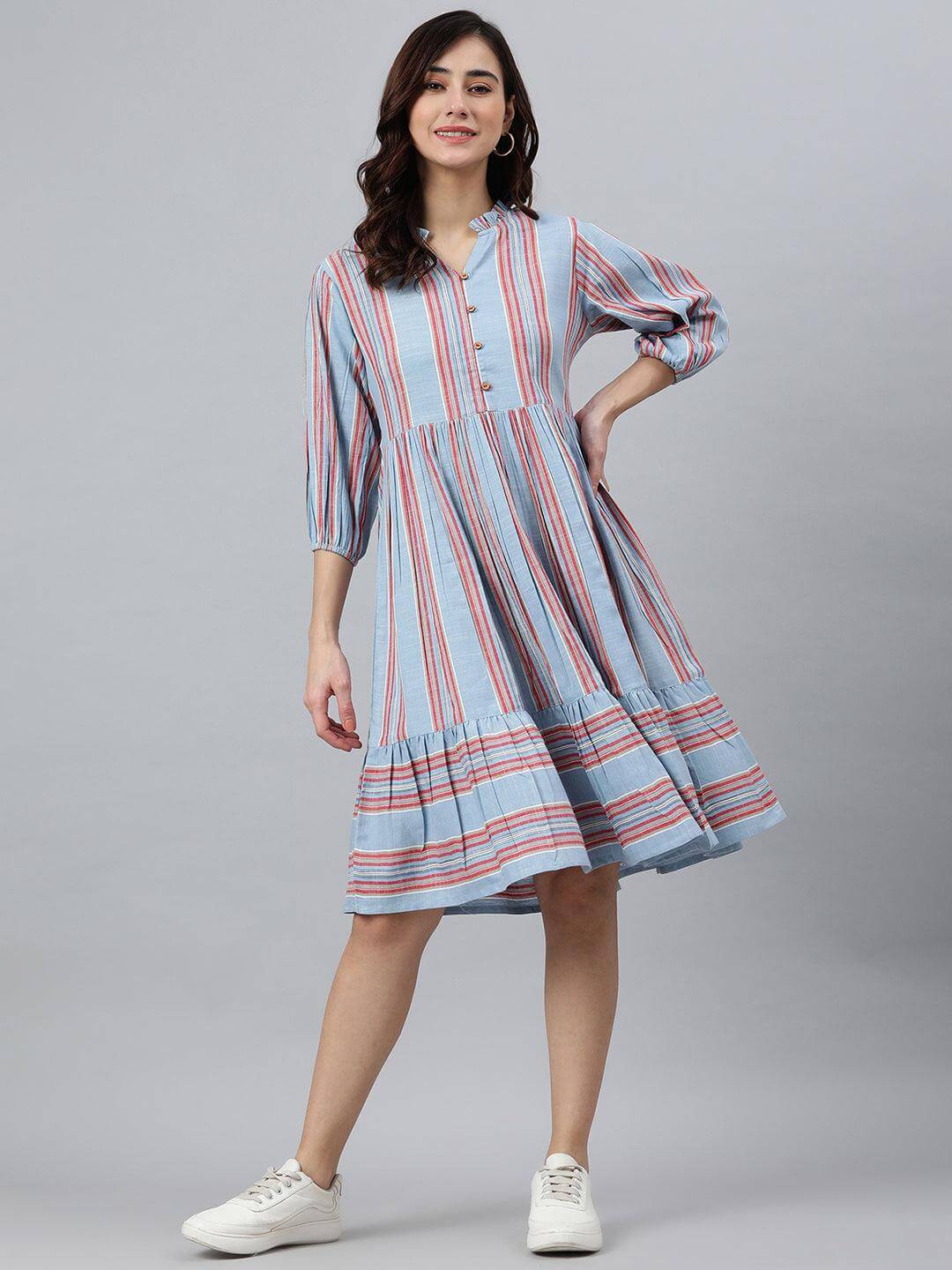 Sky Blue Cotton Blend Striped Flared Western Dress