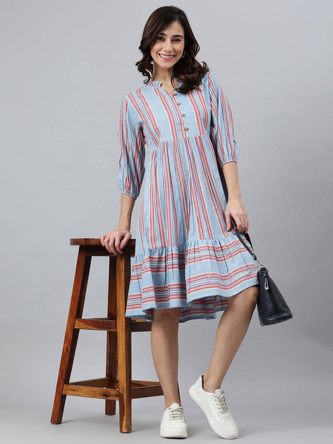 Sky Blue Cotton Blend Striped Flared Western Dress