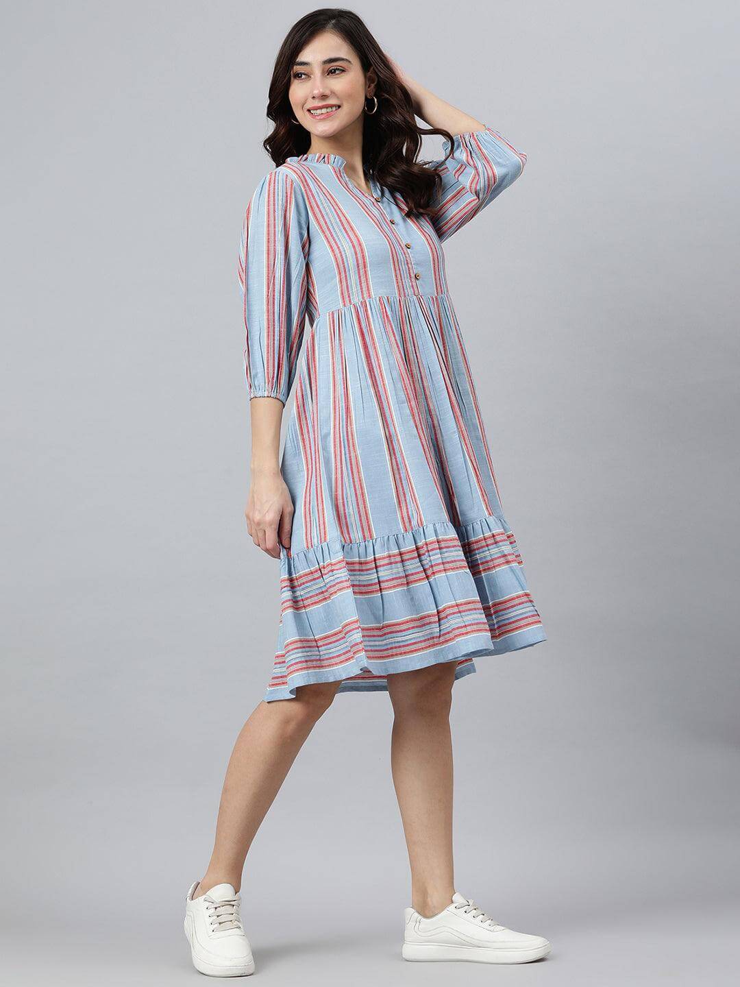 Sky Blue Cotton Blend Striped Flared Western Dress