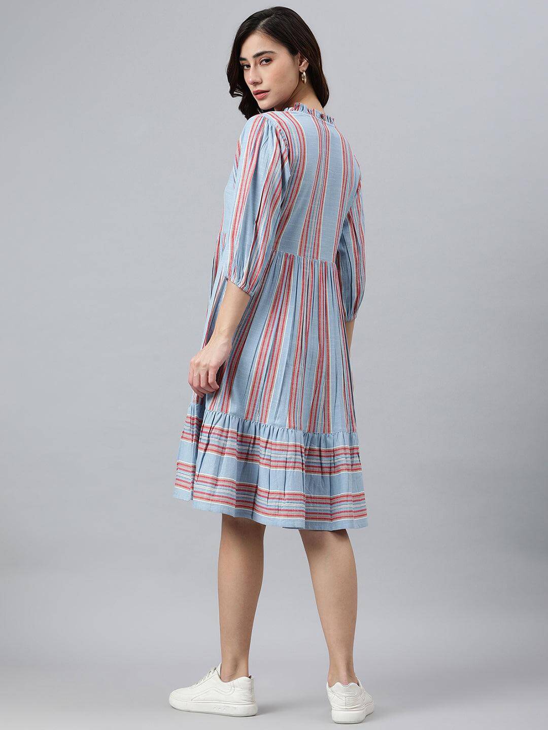 Sky Blue Cotton Blend Striped Flared Western Dress