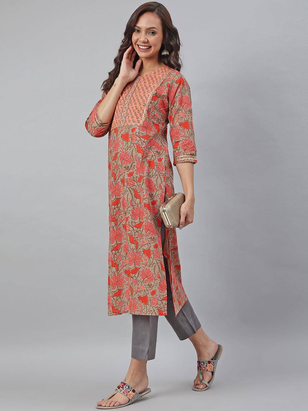 Brown Cotton Floral block Print Straight Kurta