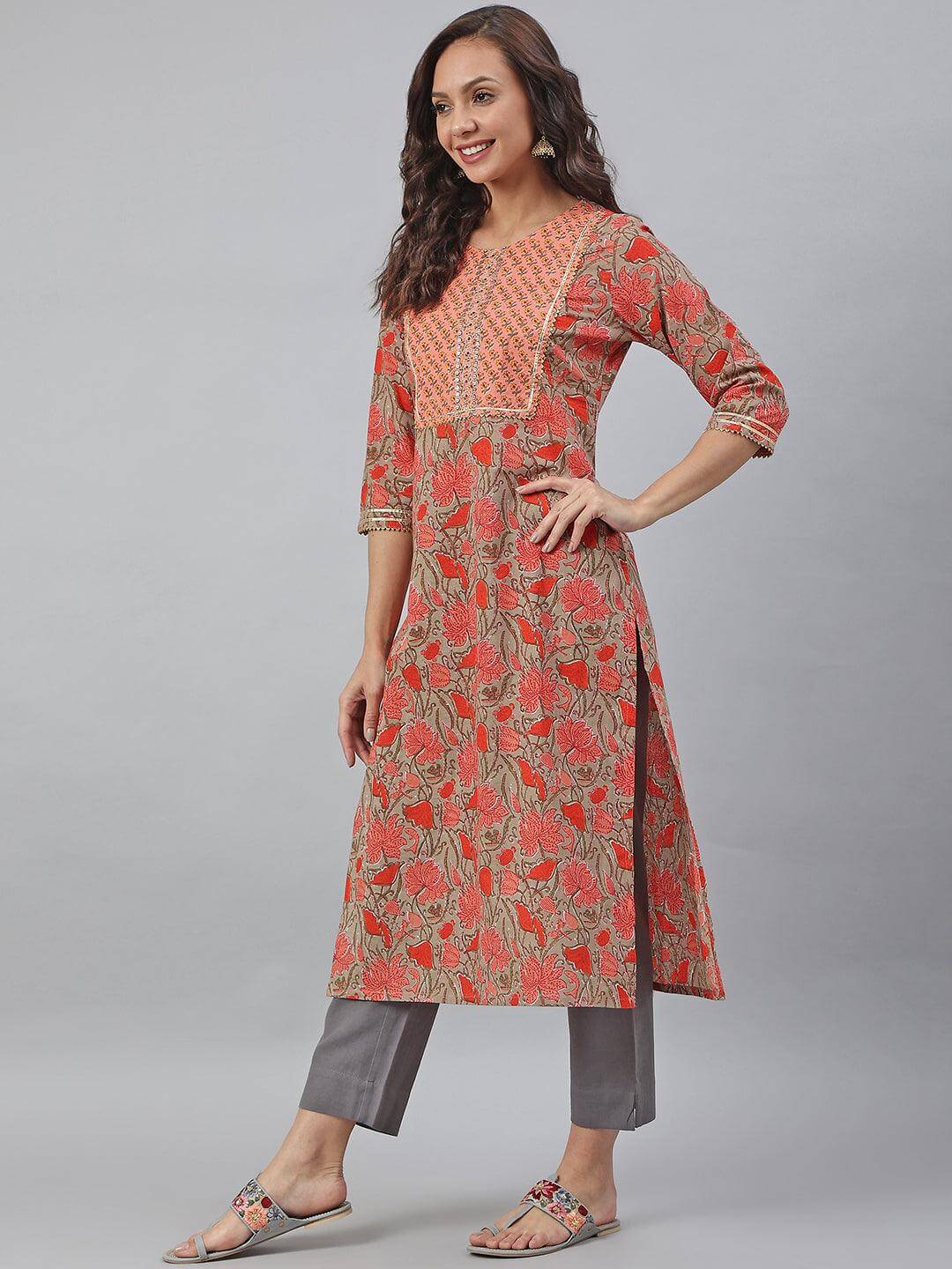 Brown Cotton Floral block Print Straight Kurta