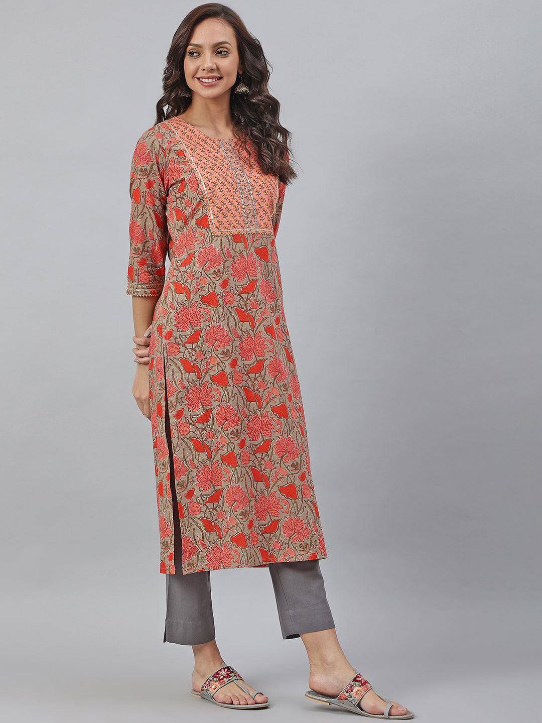 Brown Cotton Floral block Print Straight Kurta