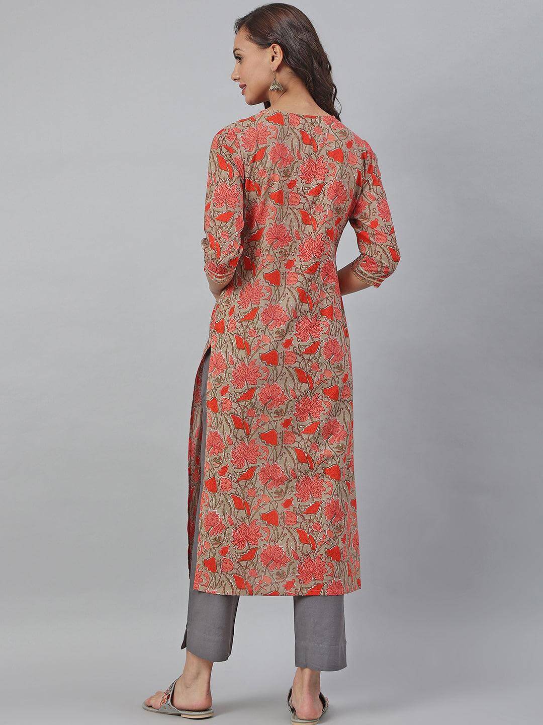 Brown Cotton Floral block Print Straight Kurta