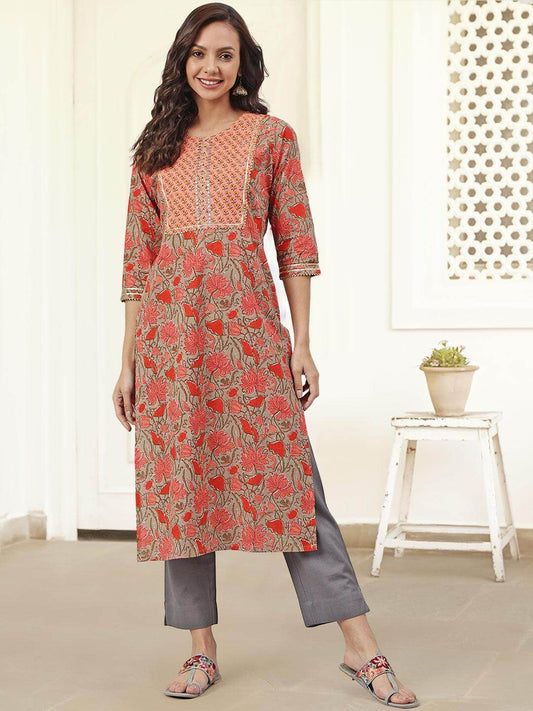 Brown Cotton Floral block Print Straight Kurta