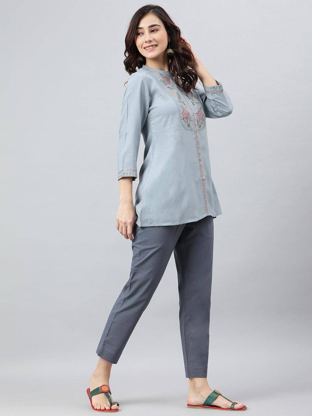 Blue Rayon Slub Embroidered A-Line Top