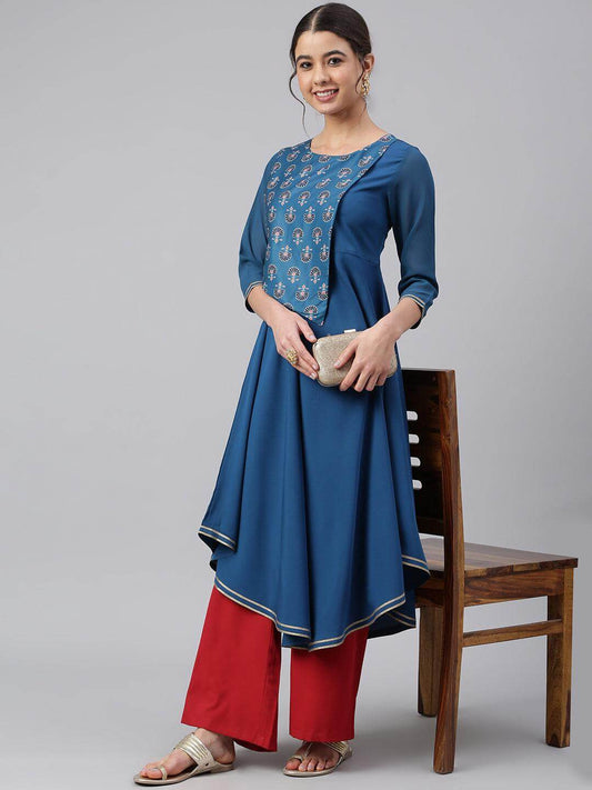 Teal Poly Crepe Digital Print Flared Kurta