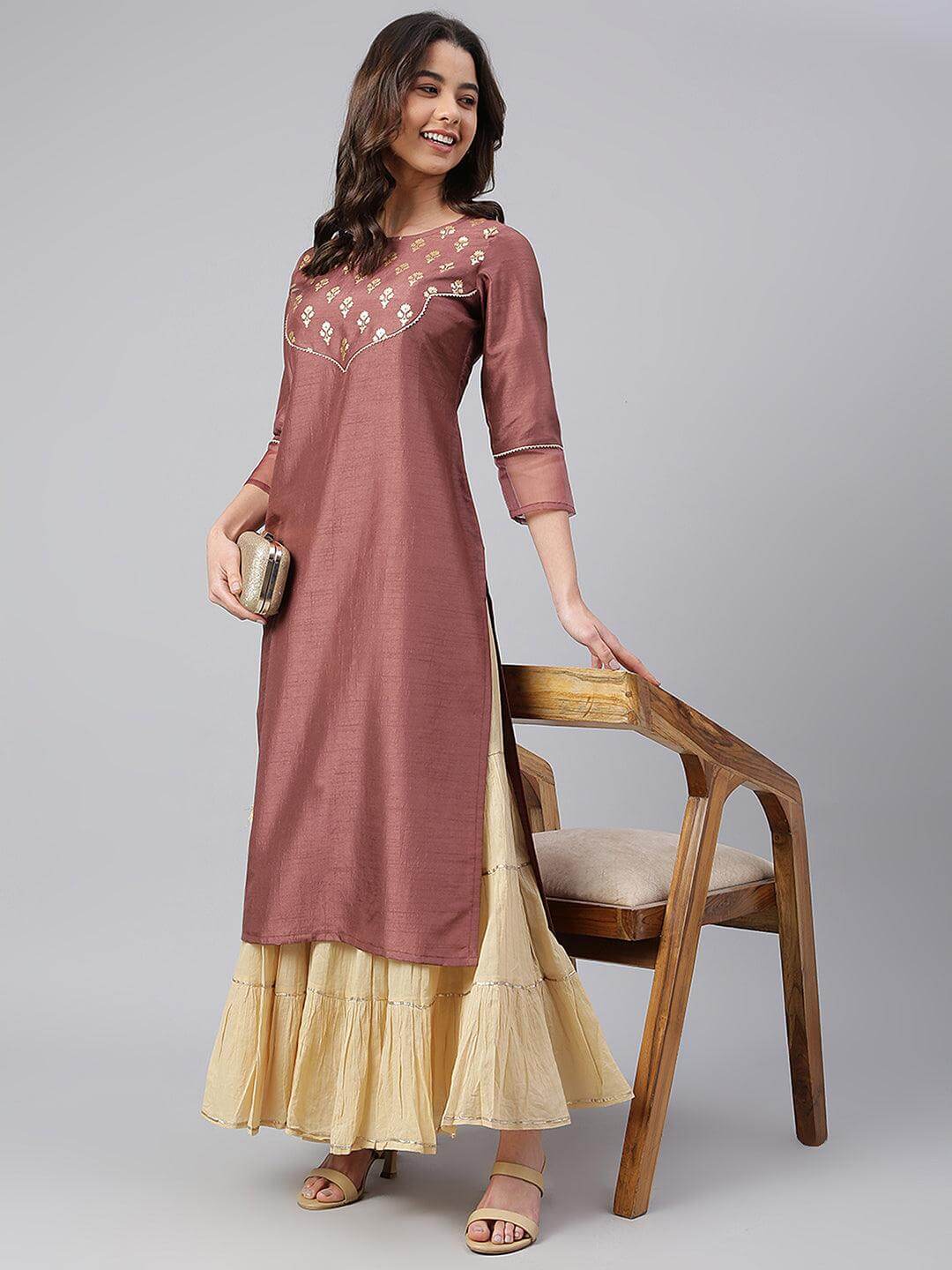 Brown Poly Silk Foil Print Straight Kurta