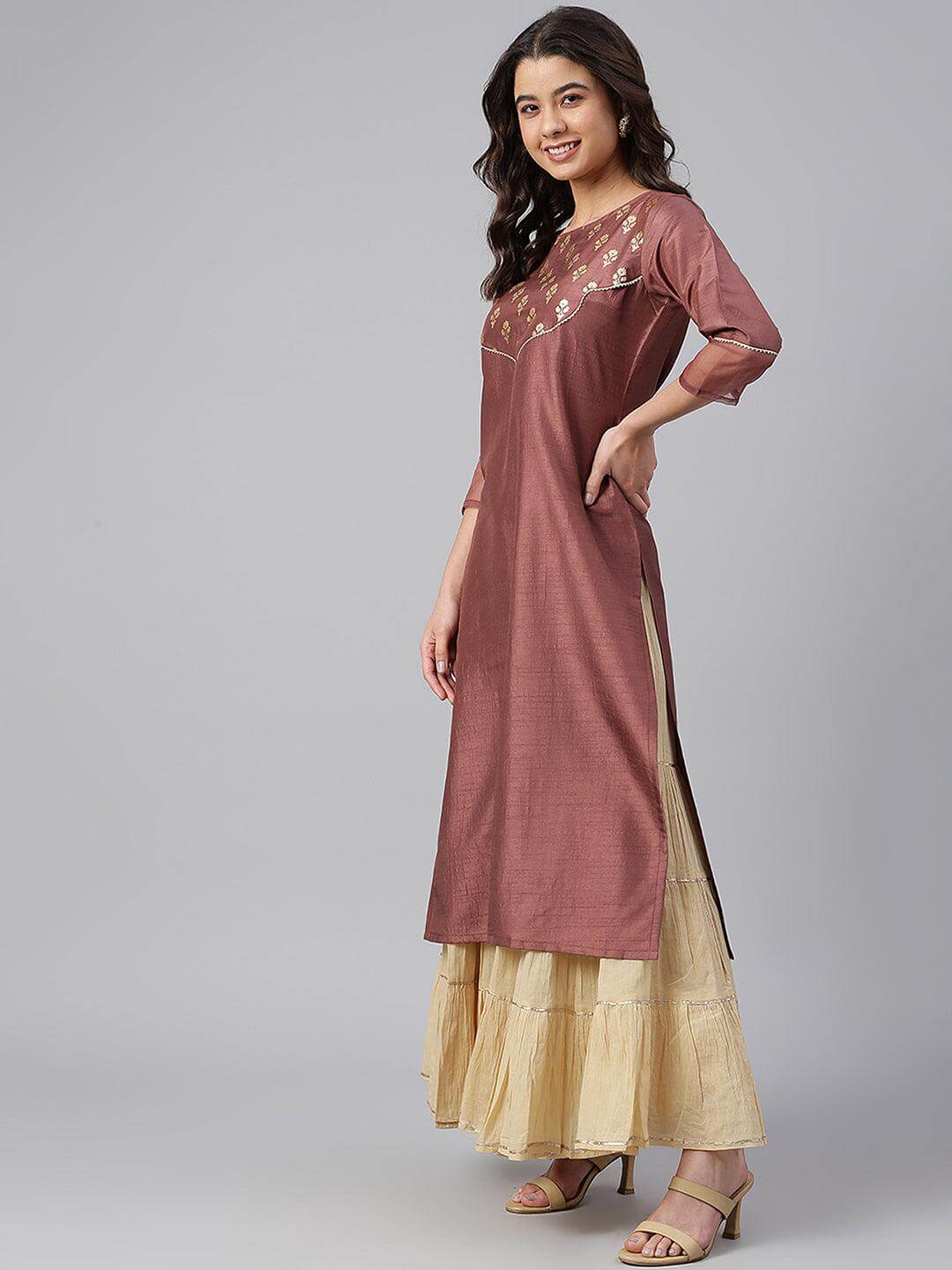 Brown Poly Silk Foil Print Straight Kurta