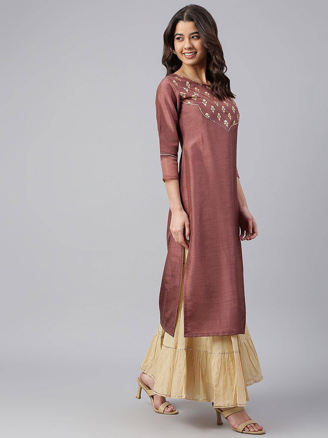 Brown Poly Silk Foil Print Straight Kurta