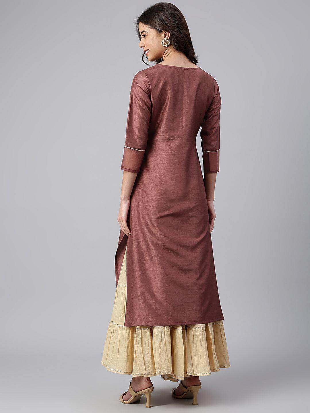 Brown Poly Silk Foil Print Straight Kurta