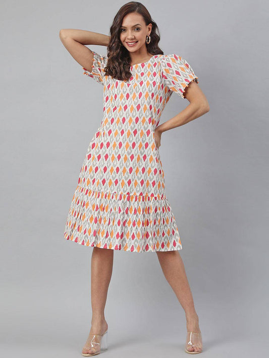 Off White Cotton Printed A-line Western Dress