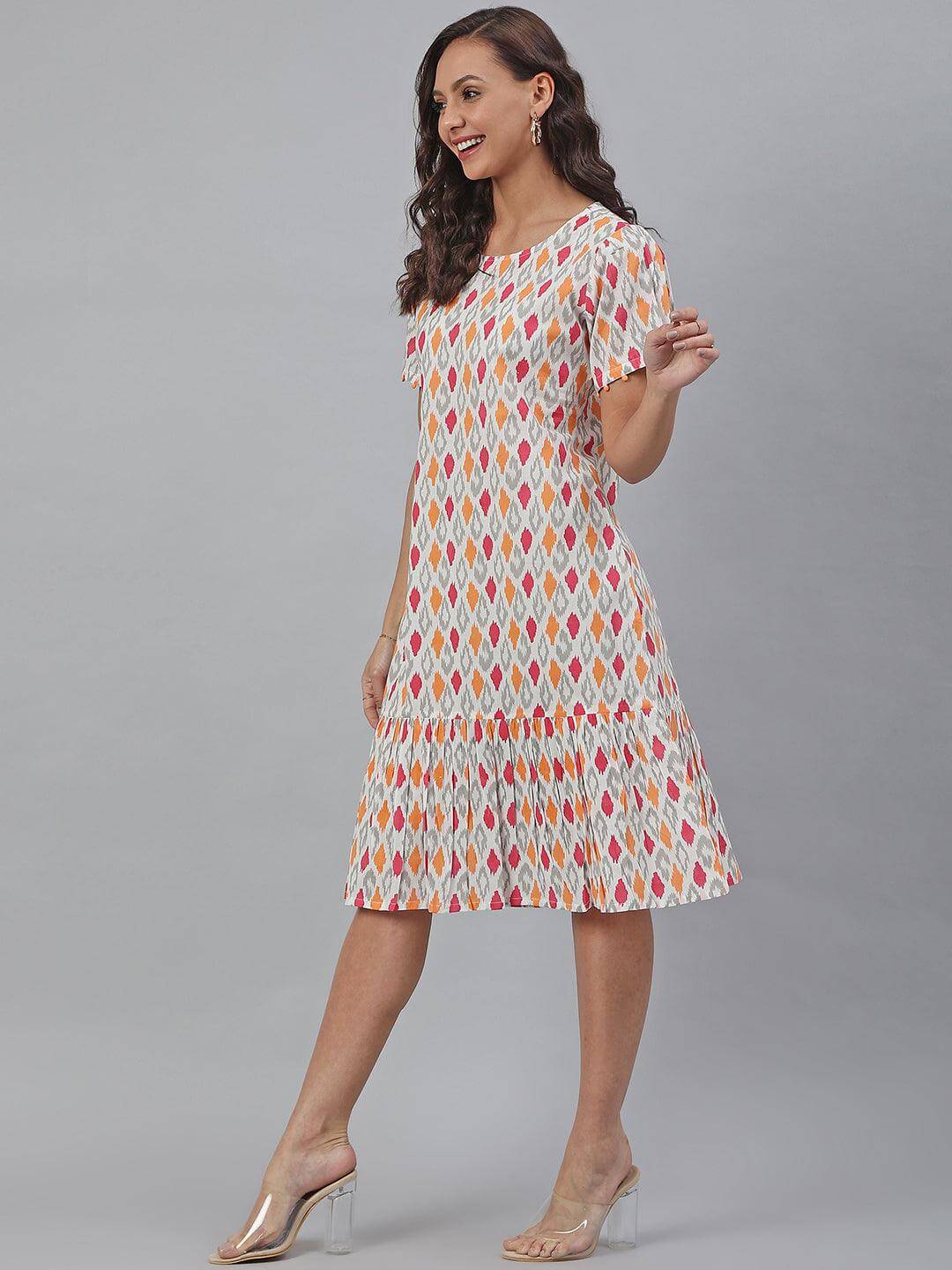 Off White Cotton Printed A-line Western Dress