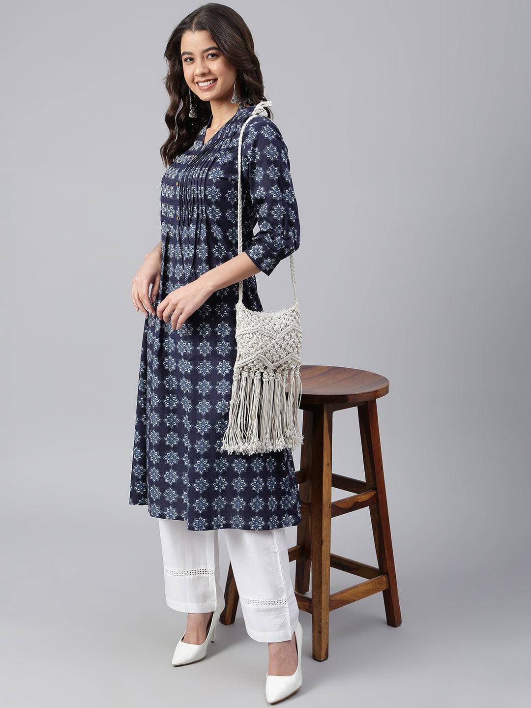 Navy Blue Cotton Floral Print A-line Kurta