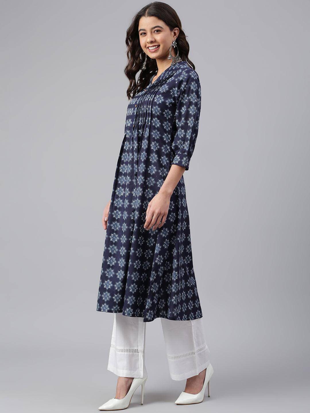 Navy Blue Cotton Floral Print A-line Kurta