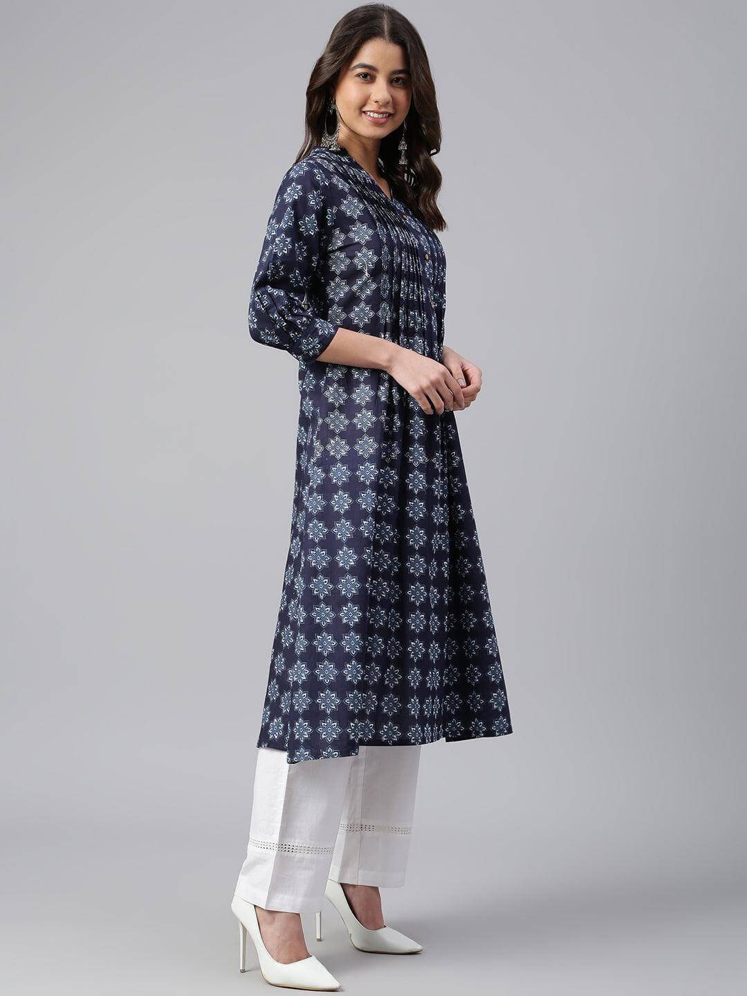Navy Blue Cotton Floral Print A-line Kurta