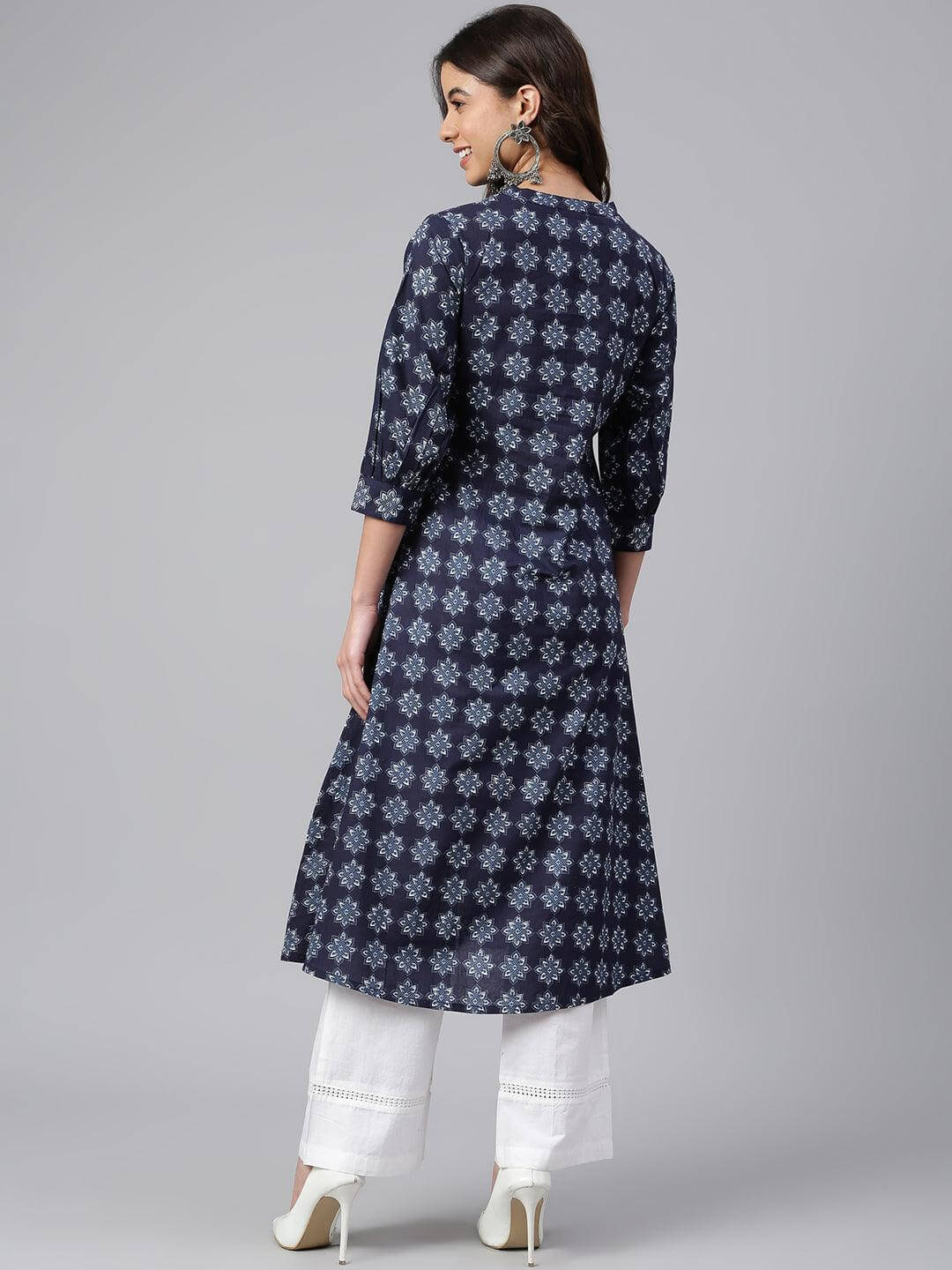 Navy Blue Cotton Floral Print A-line Kurta