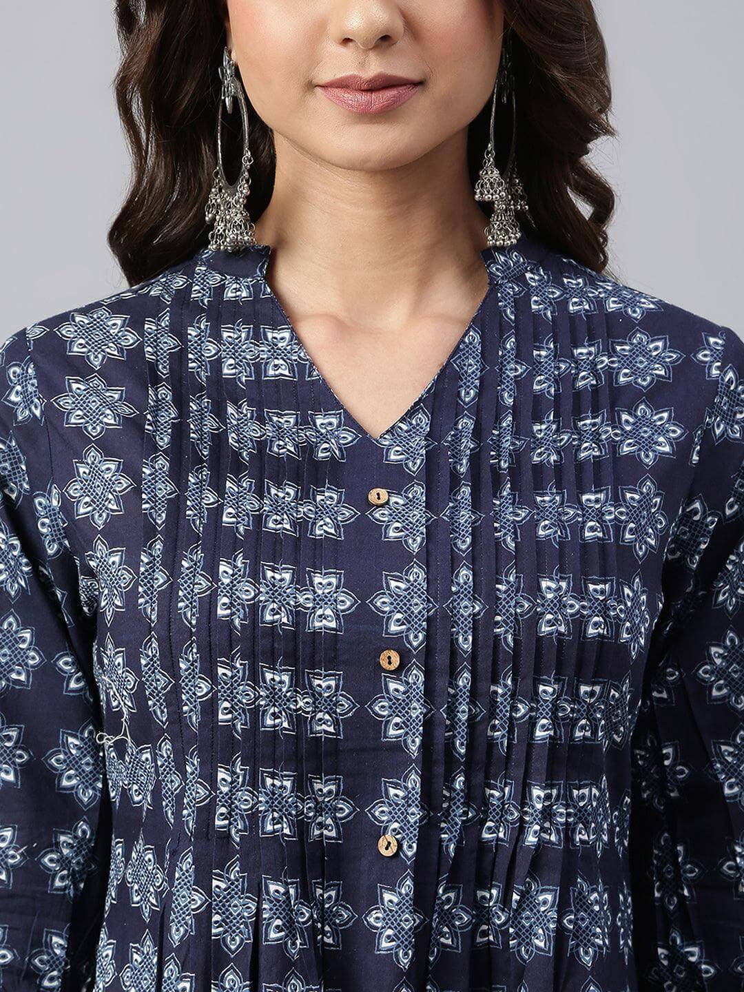 Navy Blue Cotton Floral Print A-line Kurta