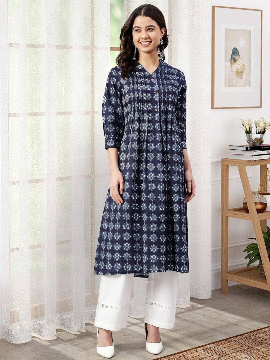 Navy Blue Cotton Floral Print A-line Kurta