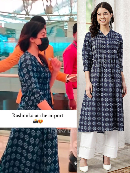 Navy Blue Cotton Floral Print A-line Kurta