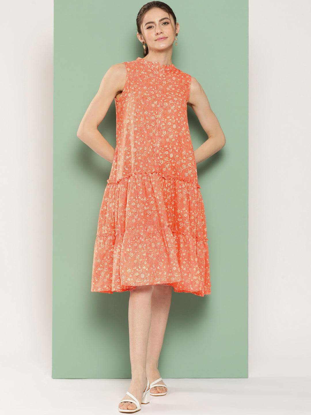 Peach Cotton Floral Printed Flared Western Dress