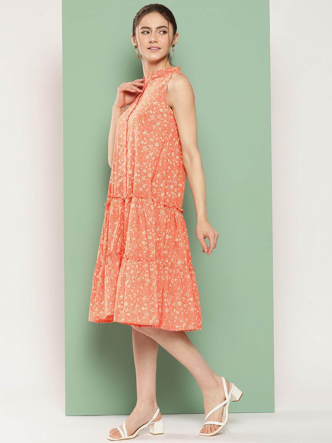 Peach Cotton Floral Printed Flared Western Dress