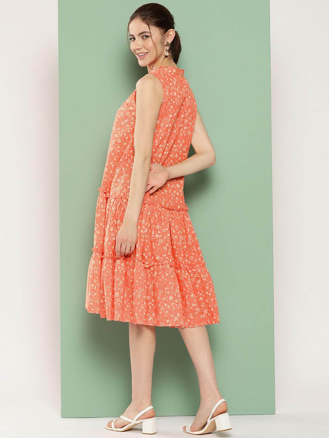 Peach Cotton Floral Printed Flared Western Dress