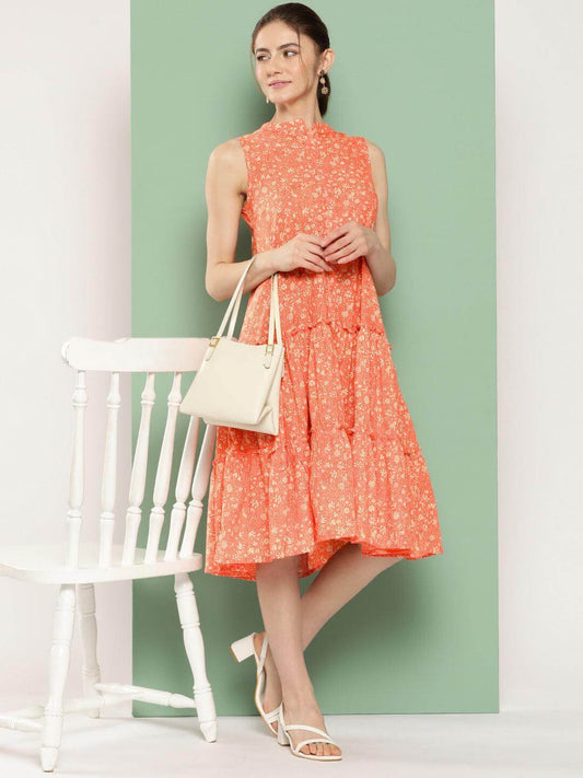 Peach Cotton Floral Printed Flared Western Dress