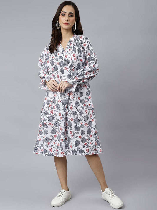 White Cotton Floral Print A-line Western Dress