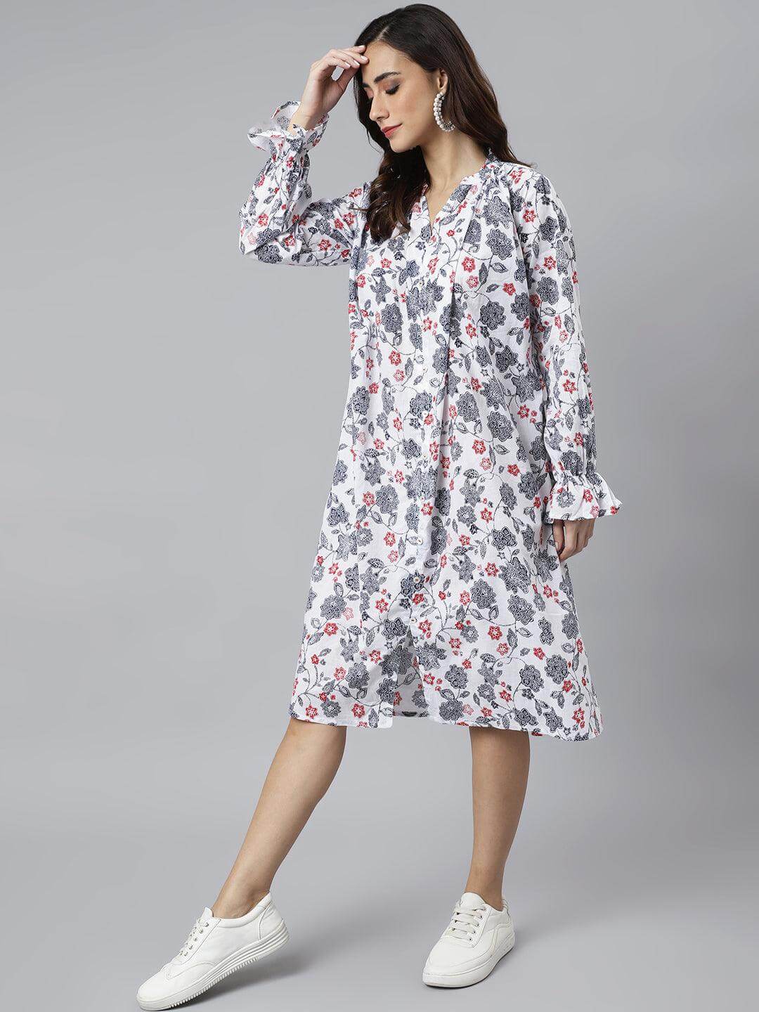 White Cotton Floral Print A-line Western Dress
