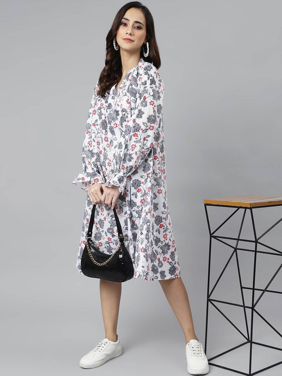 White Cotton Floral Print A-line Western Dress