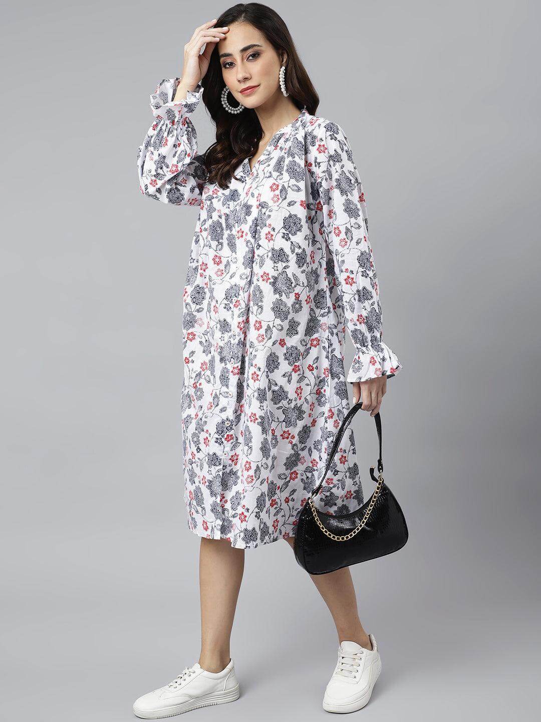 White Cotton Floral Print A-line Western Dress