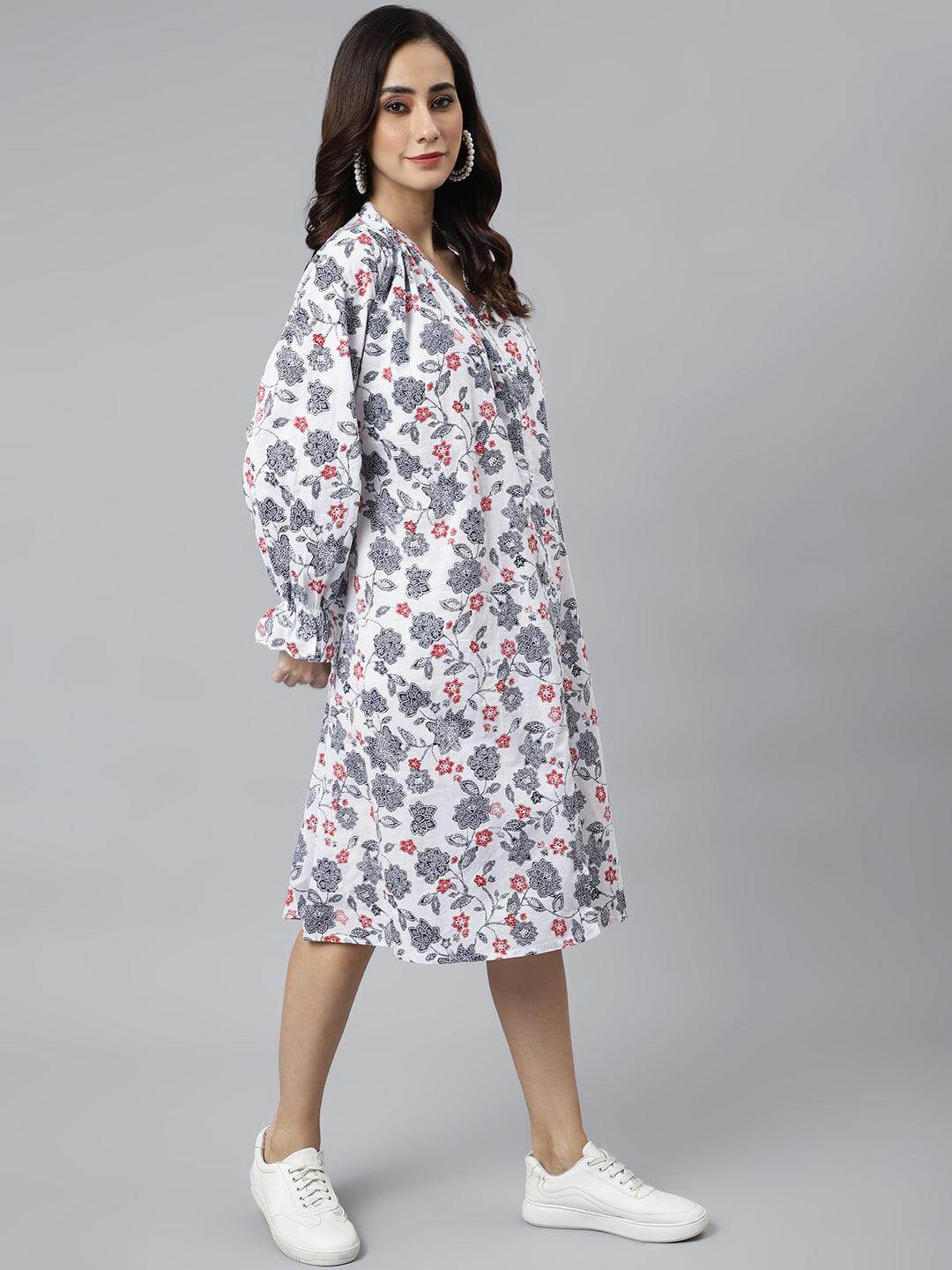 White Cotton Floral Print A-line Western Dress